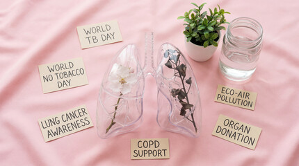Transparent lung model with fresh flower vs dead leaves comparing healthy and sick respiratory system. World TB Day, No Tobacco, Cancer, COPD and pollution text tags on pink fabric