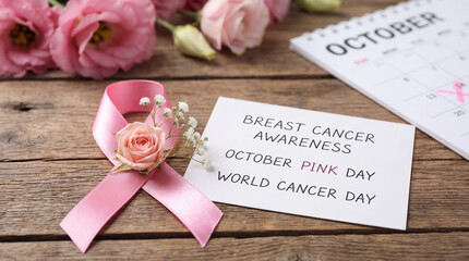 Pink ribbon with rose, flowers and October calendar on wood table. Breast cancer awareness text card. Women health care campaign, medical checkup reminder and female disease prevention concept