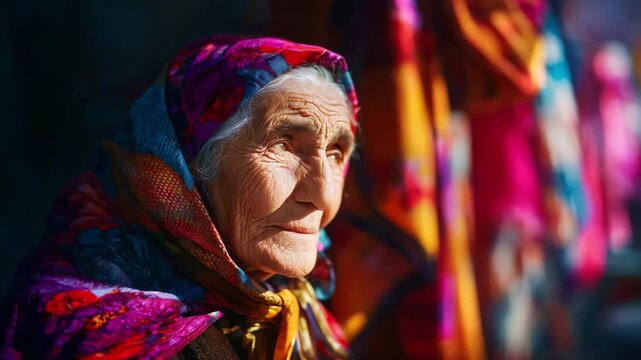 A Wise Elderly Woman in Traditional Attire Reflects on Life Amidst Vibrant Colors, Absorbing the Beauty Around Her, Symbolizing Heritage and Resilience in Modern Times.