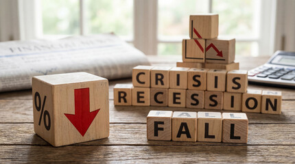 Wooden blocks with Crisis Recession Fall text and red down arrow percentage. Financial market crash, economic inflation problem and business loss investment concept with calculator