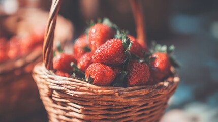 Baskets filled with fresh strawberries at a market stand in summer sunlight