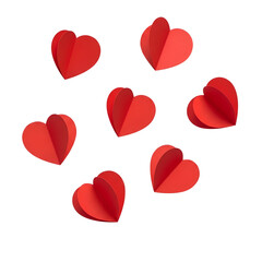Red paper hearts flying in air PNG. Scattered handmade craft love symbols for romantic valentine's day banner. Folded cut out shapes decoration texture isolated