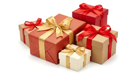 Obraz premium Assortment of Five Wrapped Gift Boxes with Ribbons on White Background present