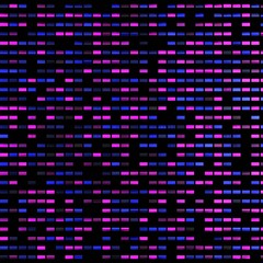Array of small blue and pink rectangles in random on black.
