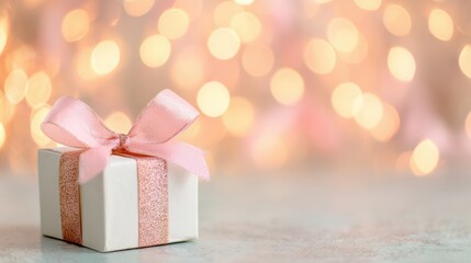 Fototapeta premium Gift box with pink ribbon on a table in front of blurred lights