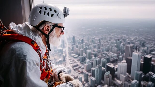 A Daredevil Adventurer Gazes Over the City Skyline from a Towering Windowsill, Embracing the Thrills of Urban Exploration with Gear and Grit in the Heart of Modernity