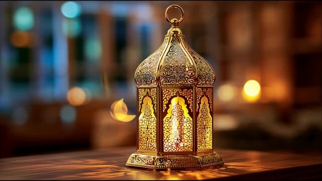 Close-up of a glowing ornate lantern on a wooden table with warm lighting in a blurred background.