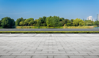 Tranquil Park Setting With Lush Trees and Calm Water Reflection