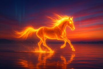 Ethereal glowing horse running through a mystical forest landscape at night.