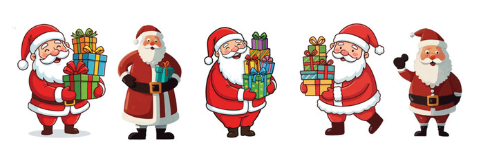 Cute Santa Claus Characters Carrying Gift Boxes, Festive Christmas Cartoon Vector Illustration Set for Winter Holiday, New Year and Seasonal Projects