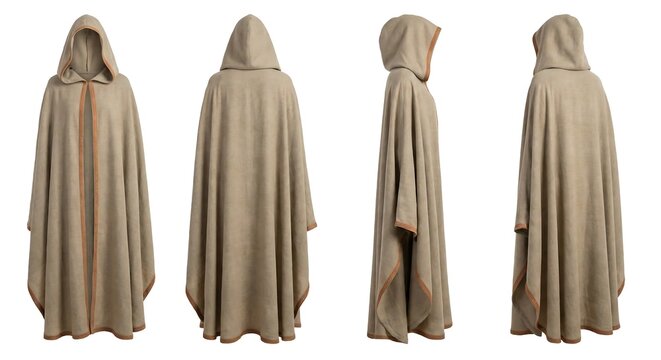 Beige Hooded Cloak Cape Shown From Front Back And Side Views On White Background image photo