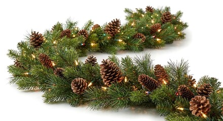Christmas Garland with Pine Cones and Lights on White Background (112) stock