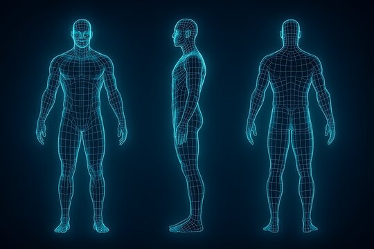 Full body wireframe scan of human male from front side and back view