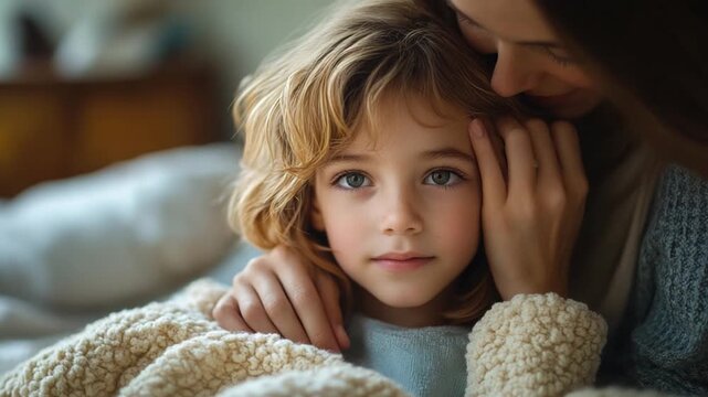 Unbreakable Bond: A tender moment shared between a mother and child, portraying a connection of deep affection, comfort, and unconditional love. The soft light enhances the intimate scene.