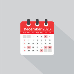 December 2026 calendar icon illustration showing monthly date layout for scheduling, planning, reminder, and time management design.