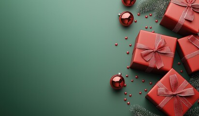 Christmas background with red gift boxes and decoration on a green background for festive holiday concept and design.