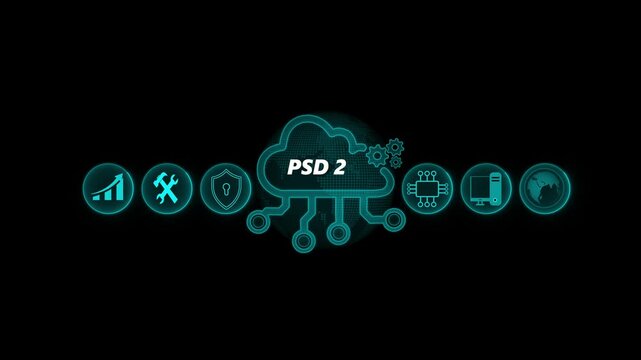 Global digital business PSD 2 network animation. Business, Technology, Internet and network concept. Cloud computing for data storage, Cloud icon with data icon on world background
