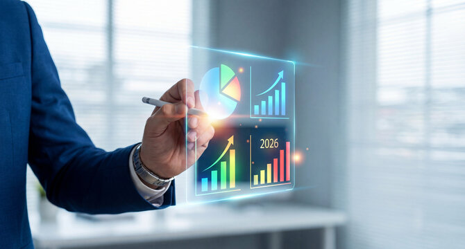 Businessman displaying different charts on an digital overlay analyzing charts and data in office environment generative ai 2026 - Powered by Adobe