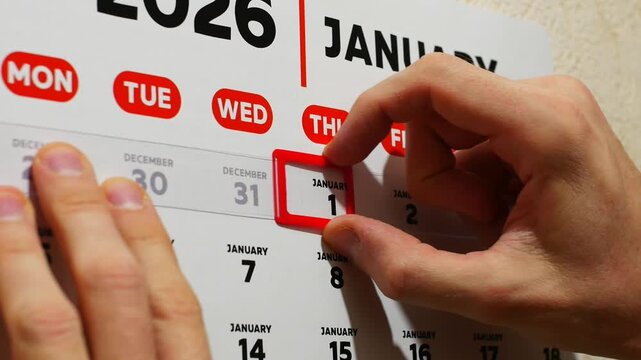 Close-up of male hands moving a red cursor to the date of January 1st on a 2026 wall calendar