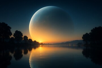 Giant moon rising over calm lake water at colorful sunset