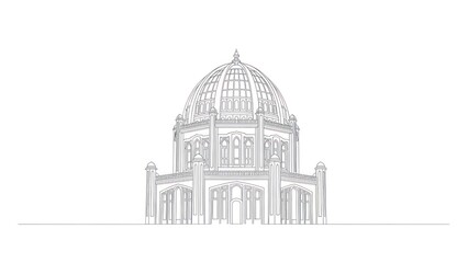 A detailed architectural drawing of a domed building with intricate stonework and ornate details, set against a white background.