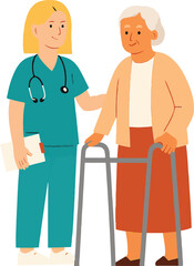 Caring Nurse Assisting Elderly Woman with Walker, Nurse take care patient, Geriatric Healthcare Illustration

