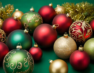 christmas tree decorations isolated, A collection of elegant Christmas decorations with red, green, and gold ornaments lying on a green background, creating a festive and joyful atmosphere