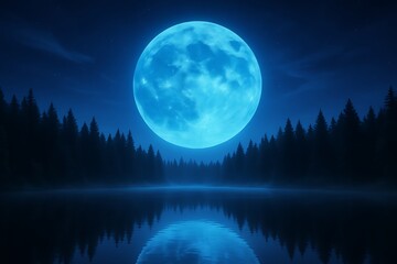 Serene night scenery of a dark pine forest under a bright full moon and starry sky