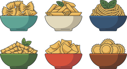 Flat Vector Illustration of Assorted Italian Pasta Types Including Farfalle Penne Spaghetti and Ravioli in Colorful Bowls