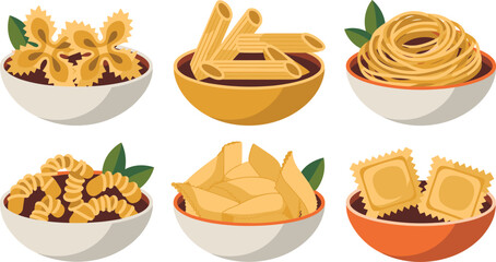 Collection of Various Italian Pasta Types Served in Colorful Ceramic Bowls with Fresh Basil Leaves