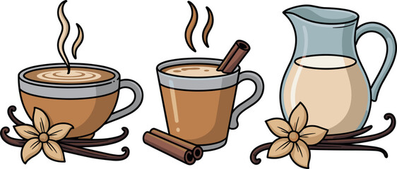 Flat Vector Illustration of Coffee Cups with Cinnamon Sticks Vanilla Pods and Milk Pitcher
