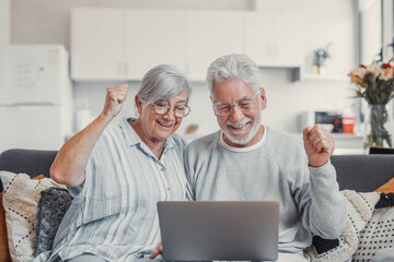 Excited senior couple, laptop and cheering in home for online shopping deal, sales and good news in lottery. Happy old man, woman and wow celebration on computer for winning, surprise and competition