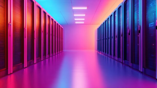 Data center interior with racks and colorful lighting at night - Powered by Adobe