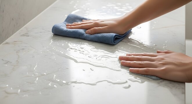 Hand wiping wet surface with blue cloth