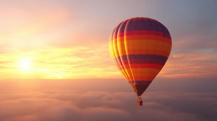 Fototapeta premium Hot air balloon floats above clouds at sunrise during morning hours