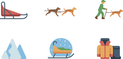 Flat Vector Illustration of Dog Sledding Equipment Musher and Winter Outdoor Adventure Icons