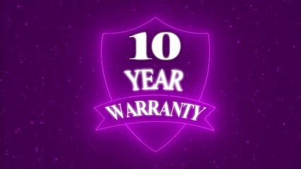 Glowing pink color Neon 10 year warranty with shield icon animation on dark background. Business product quality concept. 10 years warranty label badge design animation. Support service icon 4k video