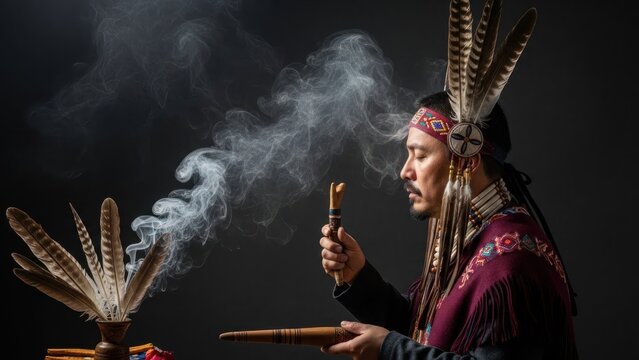 A Native American man in traditional clothing holding a smoking pipe and incense.