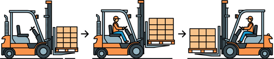 Flat Vector Illustration of Forklift Truck Operation Showing Lifting and Transporting Cargo Pallets
