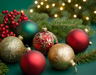 christmas tree decorations isolated, A collection of elegant Christmas decorations with red, green, and gold ornaments lying on a green background, creating a festive and joyful atmosphere