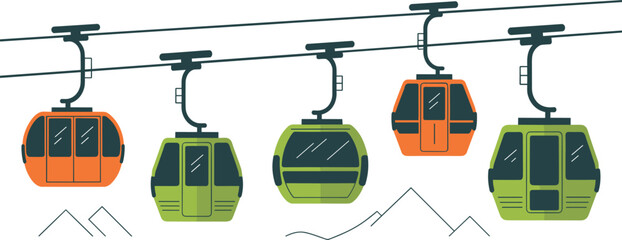 Flat Vector Illustration of Green and Orange Cable Cars Hanging over Mountain Peaks