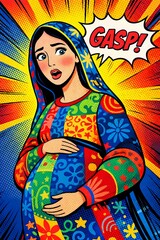 Modern Pop Art Pregnant Virgin Mary comic book style with GASP text bubble, vibrant colorful patchwork Mother of God illustration for creative religious posters, youth ministry and trendy Christian ar