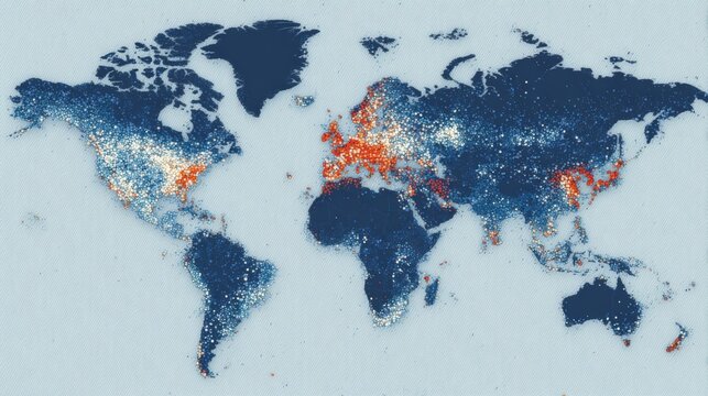 Map displaying global population density with various color markers