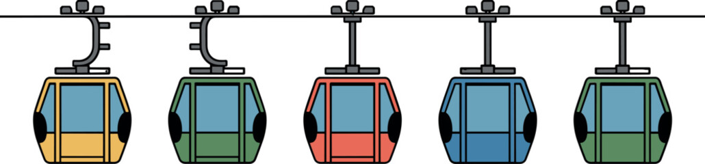Flat Vector Illustration of Multi-Colored Aerial Gondola Lifts and Cable Cars for Mountain Tourism