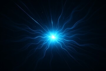 Explosion of blue digital particles and light trails in dark space
