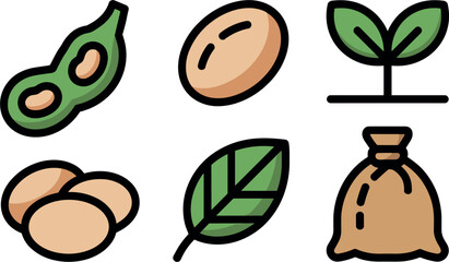 Flat Vector Illustration of Soybean Farming Icons Featuring Pods Seeds Leaves and Growth Stages