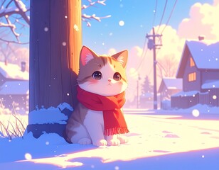 雪がゆっくり舞う冬の町。小さな猫が赤いマフラーを巻き、電柱の下でちょこんと座っている