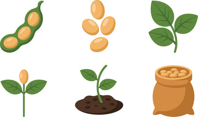 Flat Vector Illustration of Soybean Farming Icons Featuring Pods Seeds Leaves and Growth Stages