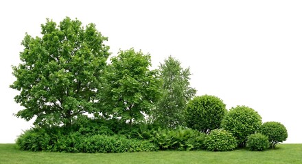 Obraz premium Lush Green Garden Landscape with Trees, Bushes, and Grass on a White Background nature