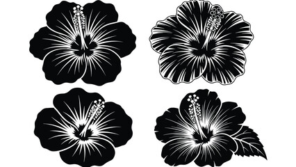 Black hibiscus flower silhouette collection, tropical floral illustration, botanical outline design, monochrome nature decorative elements vector set for creative projects